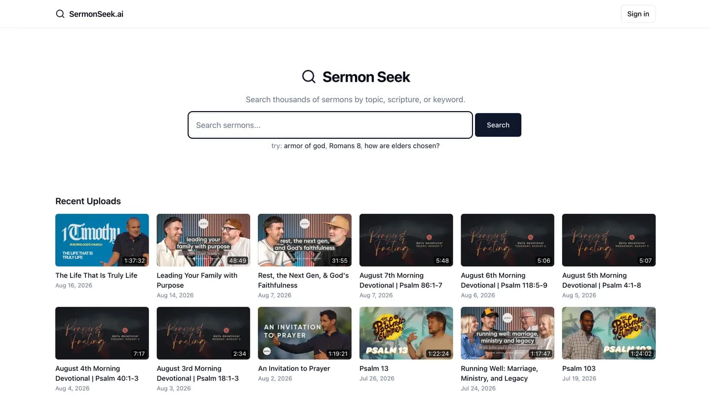 Jubilee Church's SermonSeek home page: a search box above strips of recently uploaded sermons.