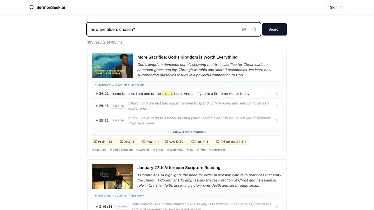 Search results for “how are elders chosen?”, each sermon showing matching transcript lines with timestamps, scripture references, and topic tags.
