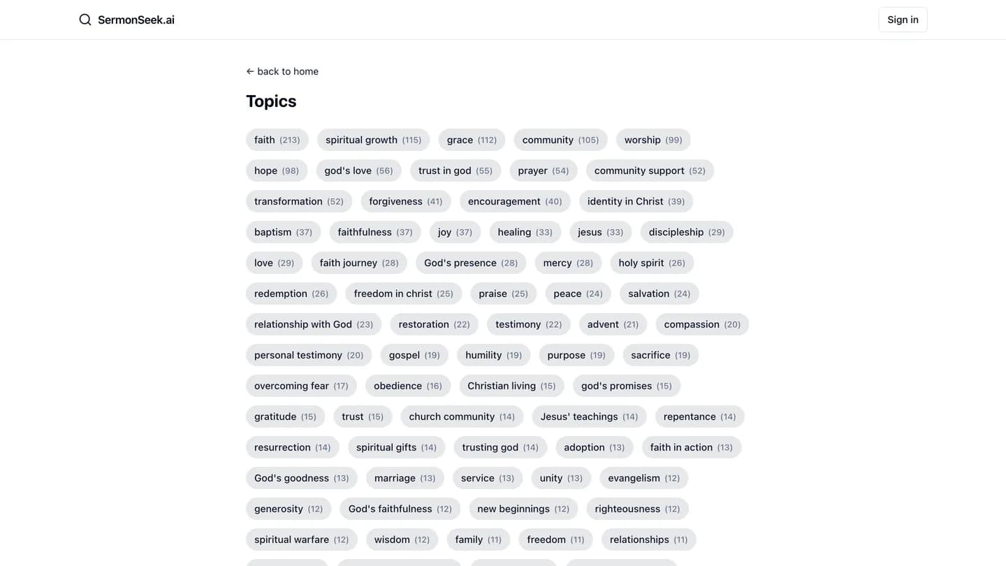 The topics index, listing auto-generated sermon topics with the number of videos covering each one.